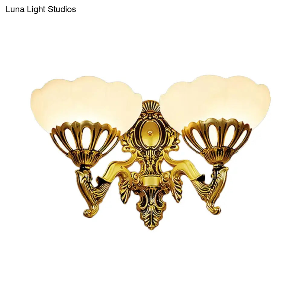 Antique Bronze Scalloped Glass Wall Mount Light - 2 Head Living Room Lighting