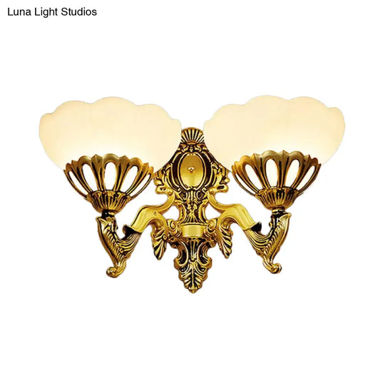 Antique Bronze Scalloped Glass Wall Mount Light - 2 Head Living Room Lighting