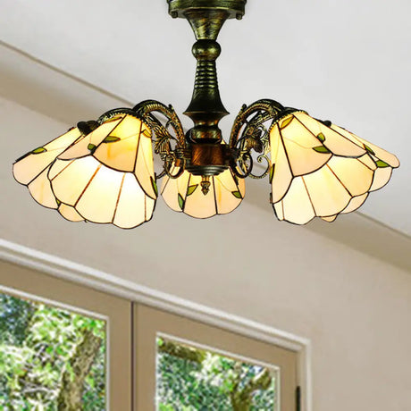 Antique Bronze Stained Glass Pendant Lighting: Leaf/Peacock Tail/Flower Tiffany Style 3/5 Lights 5
