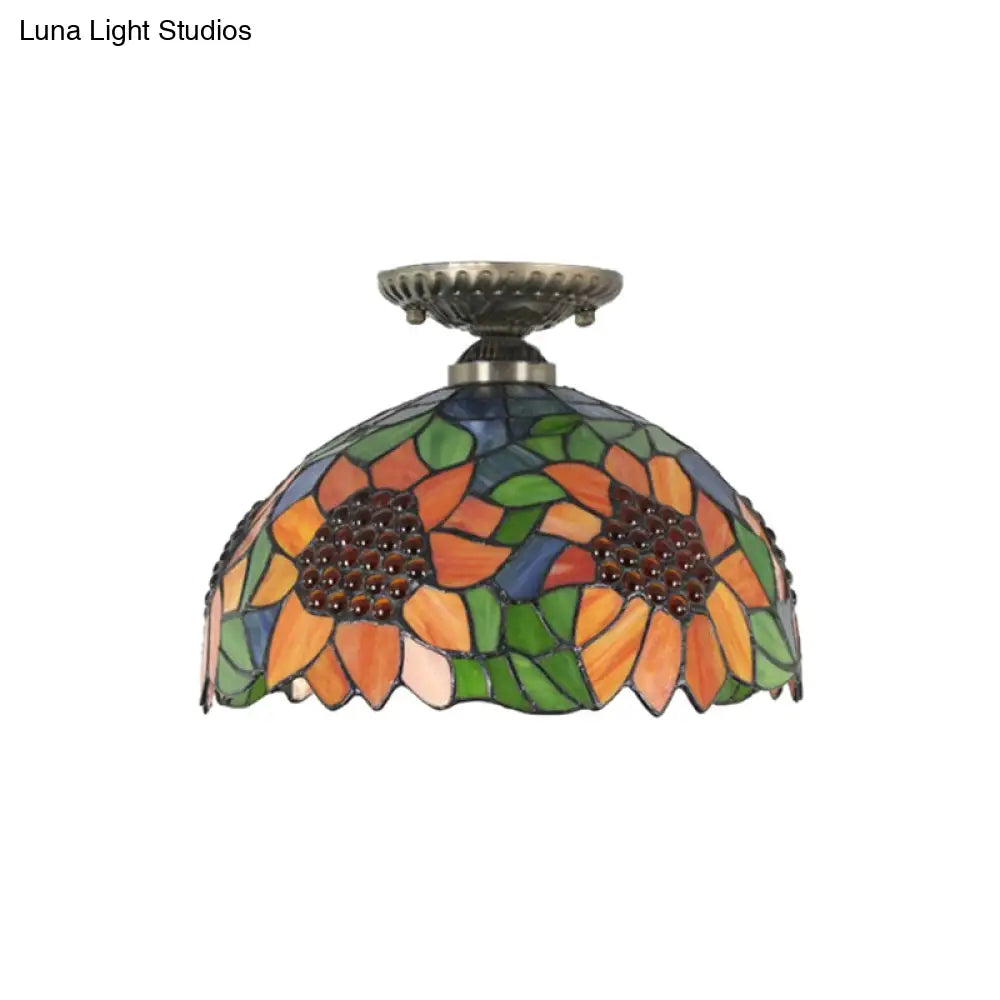 Antique Bronze Tiffany Style Art Glass Semi Flushmount Light With 2 Dome Lights For Corridor