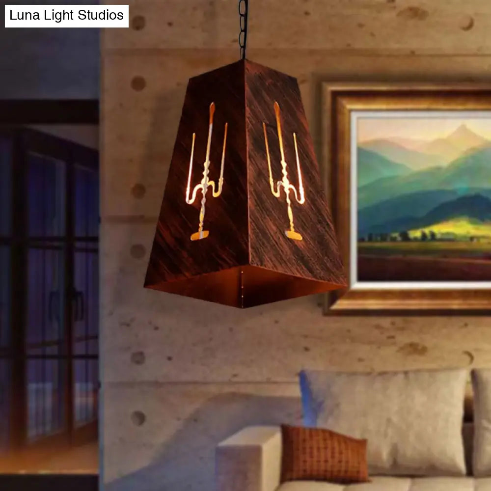 Antique Bronze Trapezoid Hanging Lamp - Rustic Loft Pendant Lighting With Metal Chain