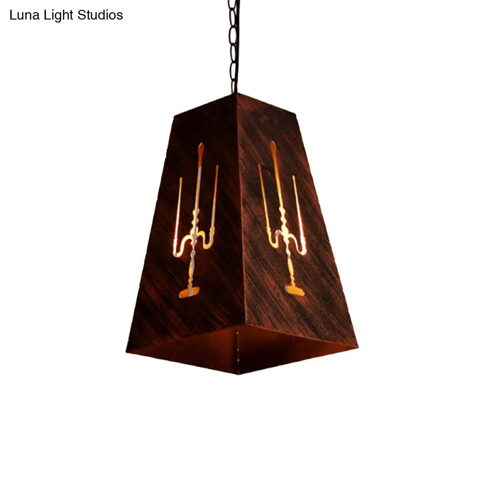 Antique Bronze Trapezoid Hanging Lamp - Rustic Loft Pendant Lighting With Metal Chain
