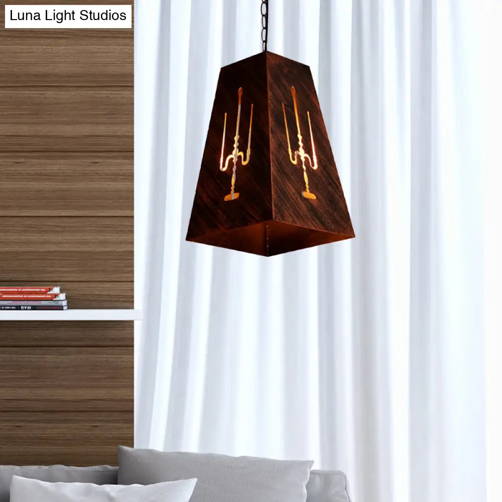 Antique Bronze Trapezoid Hanging Lamp - Rustic Loft Pendant Lighting With Metal Chain
