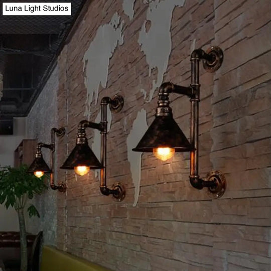 Antique Bronze Wall Lamp With Industrial Conical Design And 1 Head Iron Mount