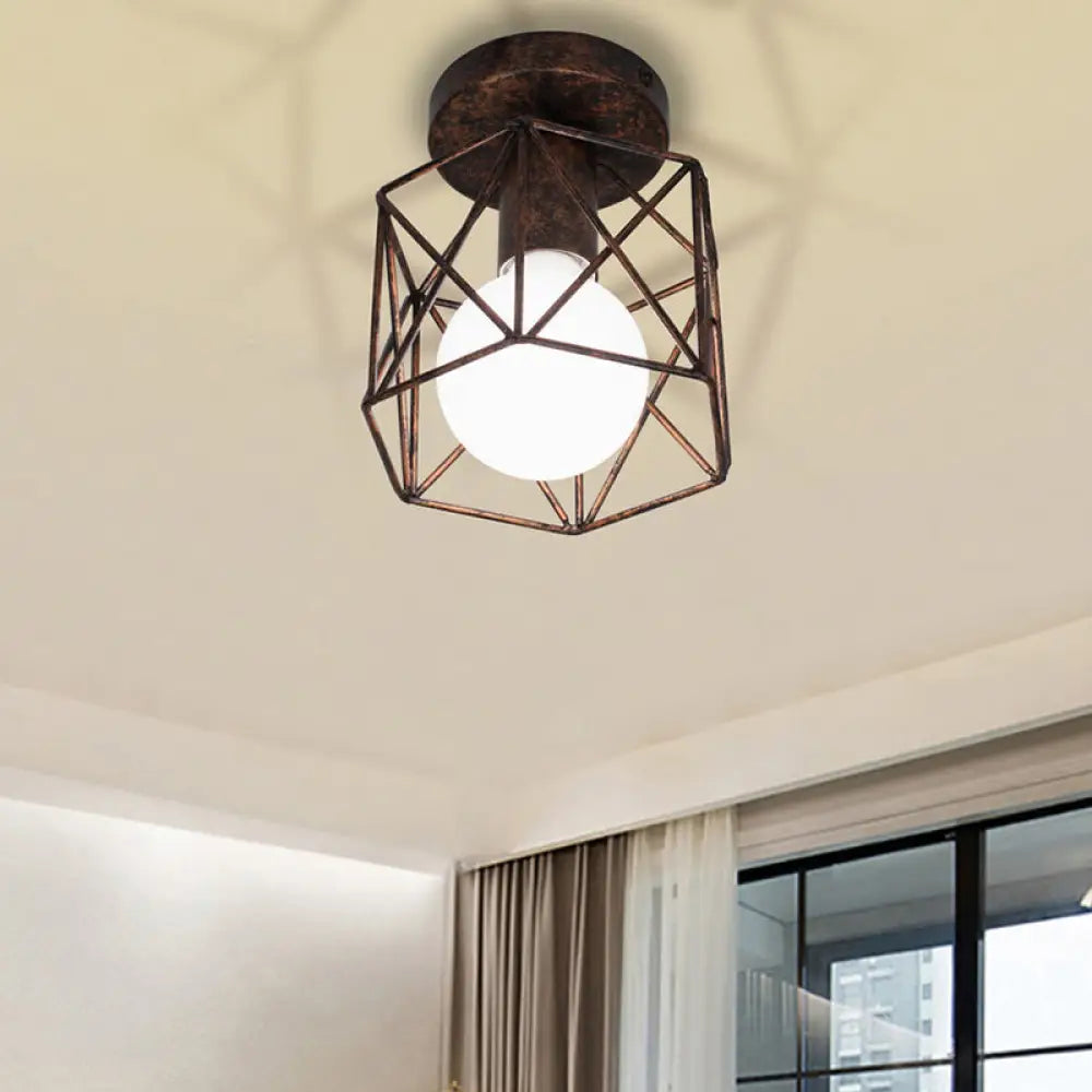 Antique Bronze Wire Cage Semi Flush Light With Hexagon Shade