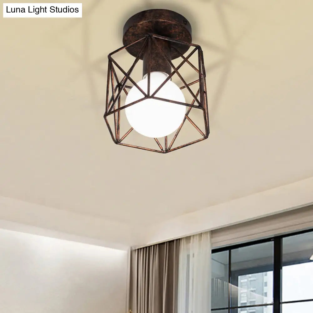Antique Bronze Wire Cage Semi Flush Light With Hexagon Shade