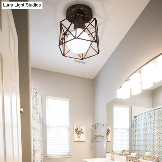 Antique Bronze Wire Cage Semi Flush Light With Hexagon Shade
