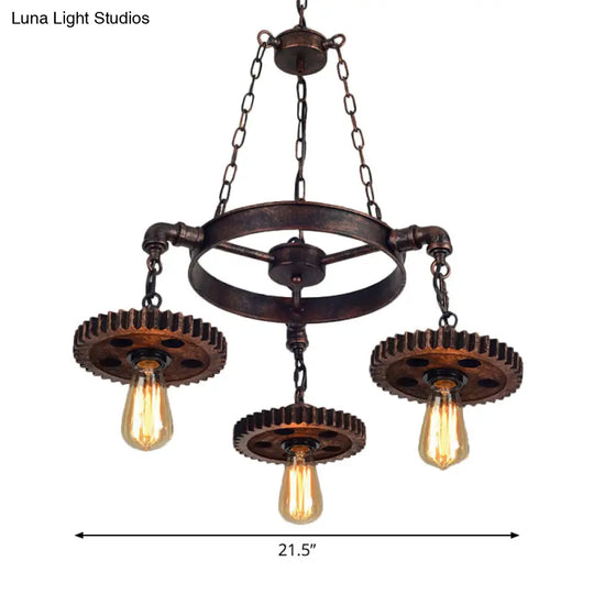 Loft Style Wood Carved Gear Chandelier Lamp In Antique Bronze - Bistro Pendant Lighting (1/3/7-Bulb