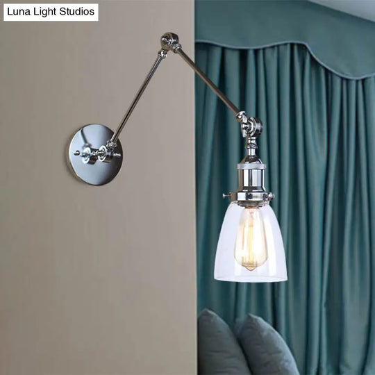 Antique Clear Glass Tapered Beside Sconce Light Fixture - 1 Swing Arm Wall Lamp (Black/Silver/Brass)