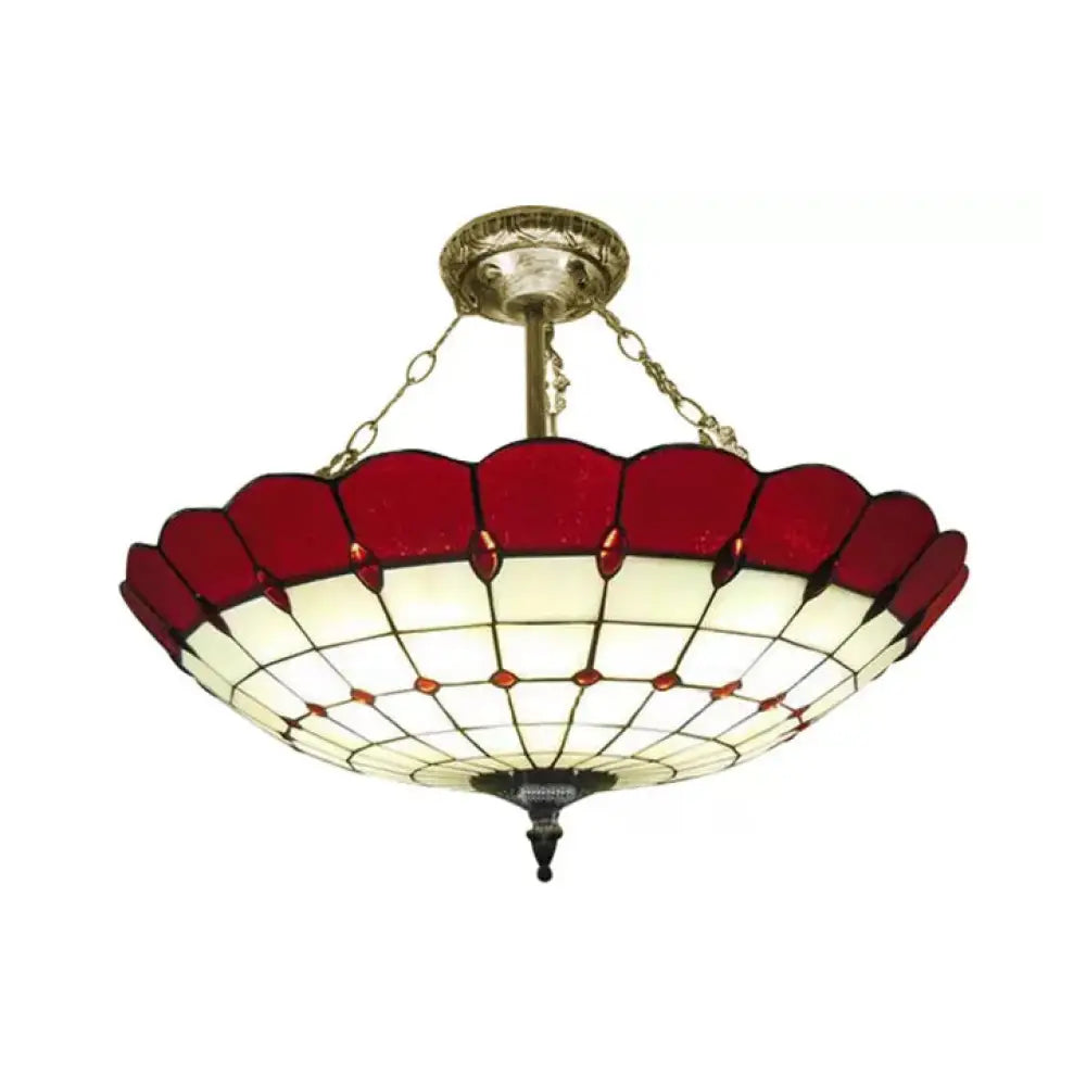 Antique Copper Tiffany Style Bedroom Ceiling Light - 4-Light Domed Semi Flush Mount With Glass