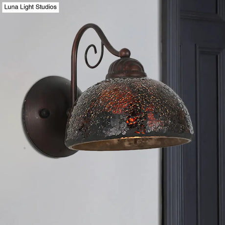 Antique Dome Sconce Lamp - Single Bulb Metal Curvy Arm Wall Lighting In Rust