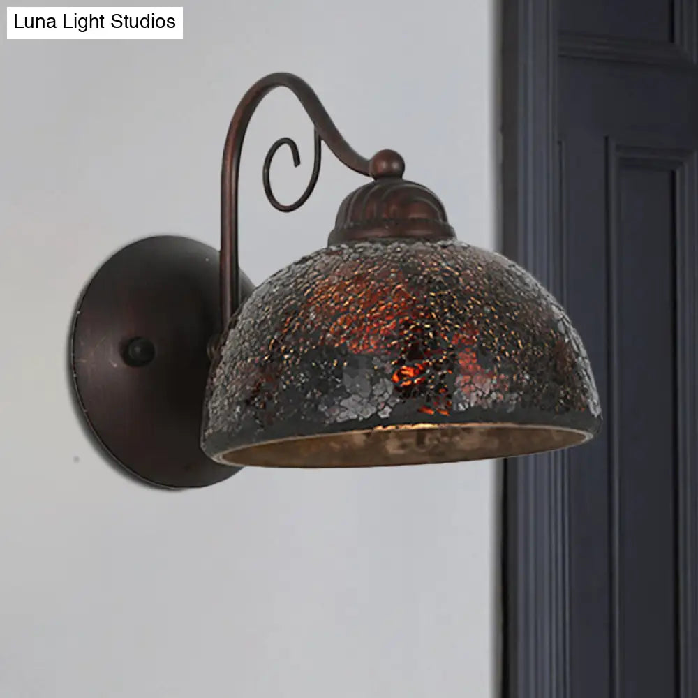 Antique Dome Sconce Lamp - Single Bulb Metal Curvy Arm Wall Lighting In Rust