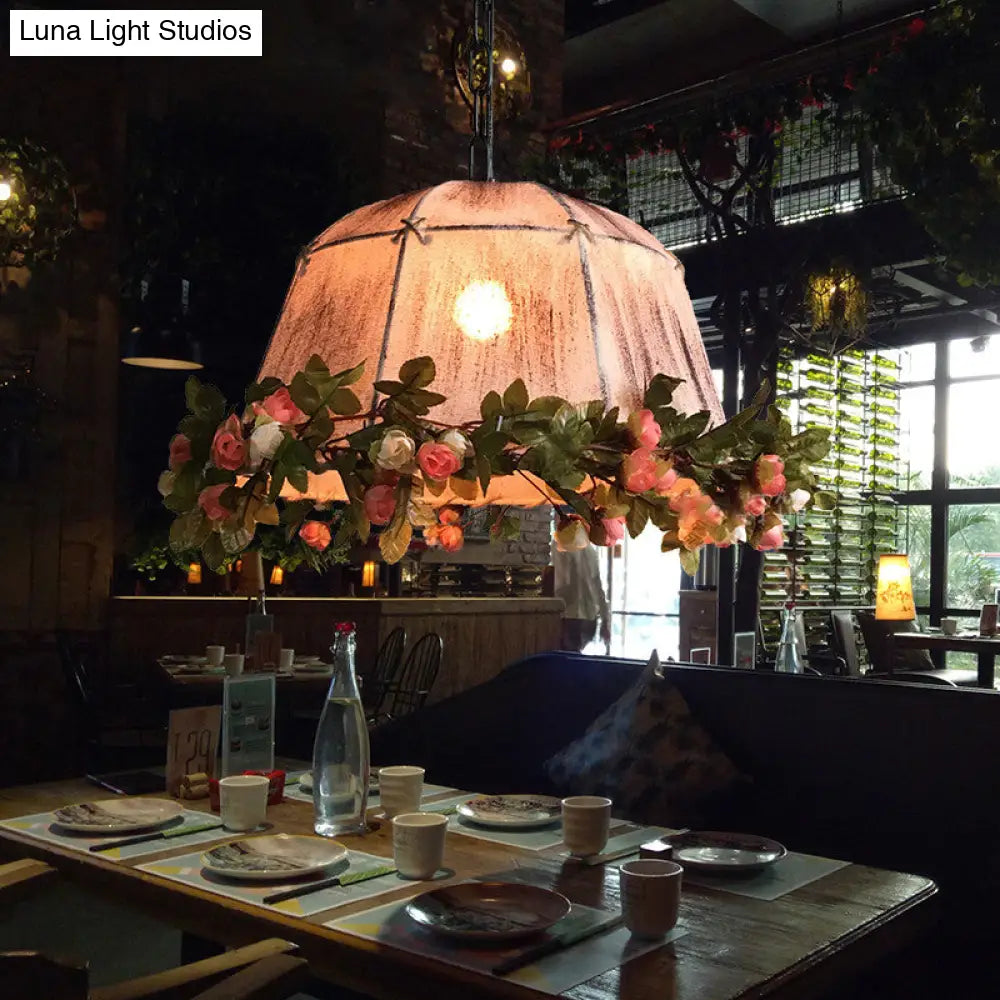 Antique Geometric Hanging Ceiling Light- Distressed White Fabric-1 Light Pendant- For Restaurant