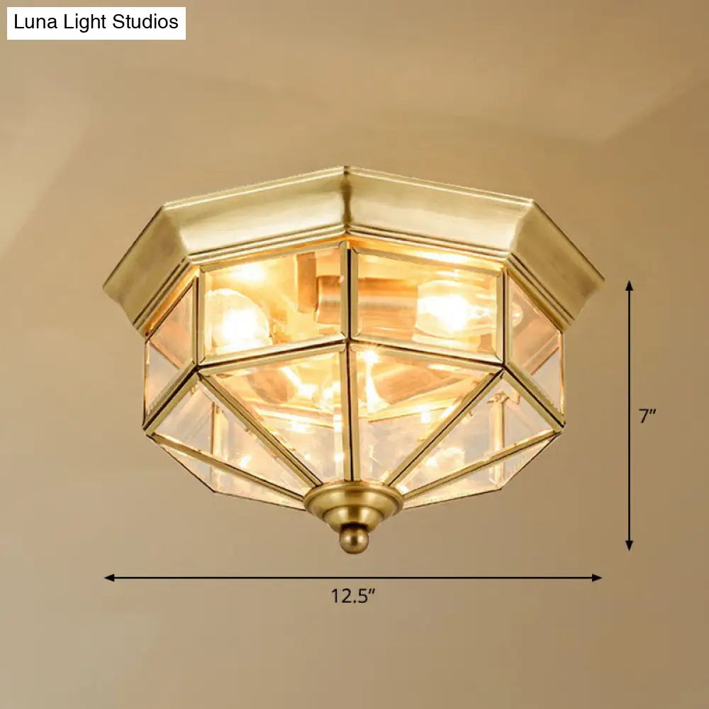 Antique Glass Octagonal Flush Ceiling Light - 3 Bulb Brass Finish Clear