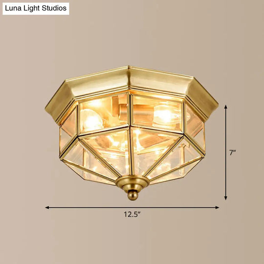 Antique Glass Octagonal Flush Ceiling Light - 3 Bulb Brass Finish