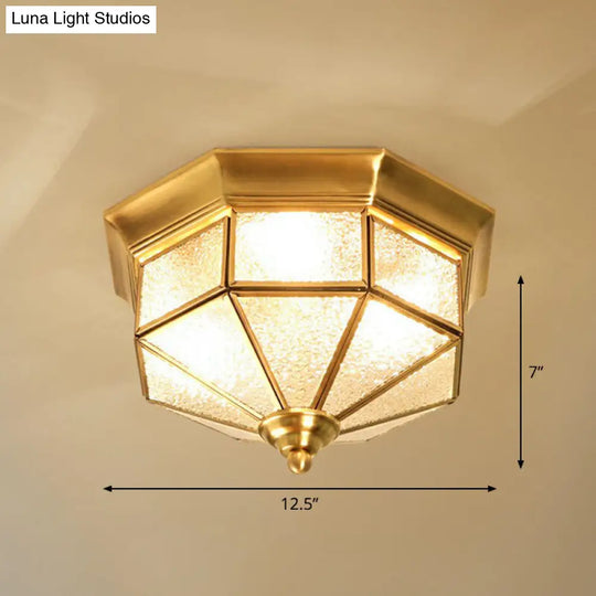 Antique Glass Octagonal Flush Ceiling Light - 3 Bulb Brass Finish
