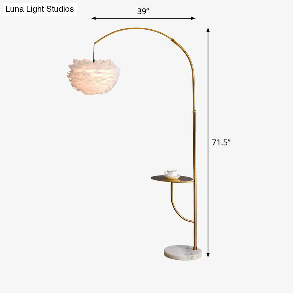 Antique Gold Arc Standing Lamp: Postmodern Metal Tray Floor Light With Feather Shade