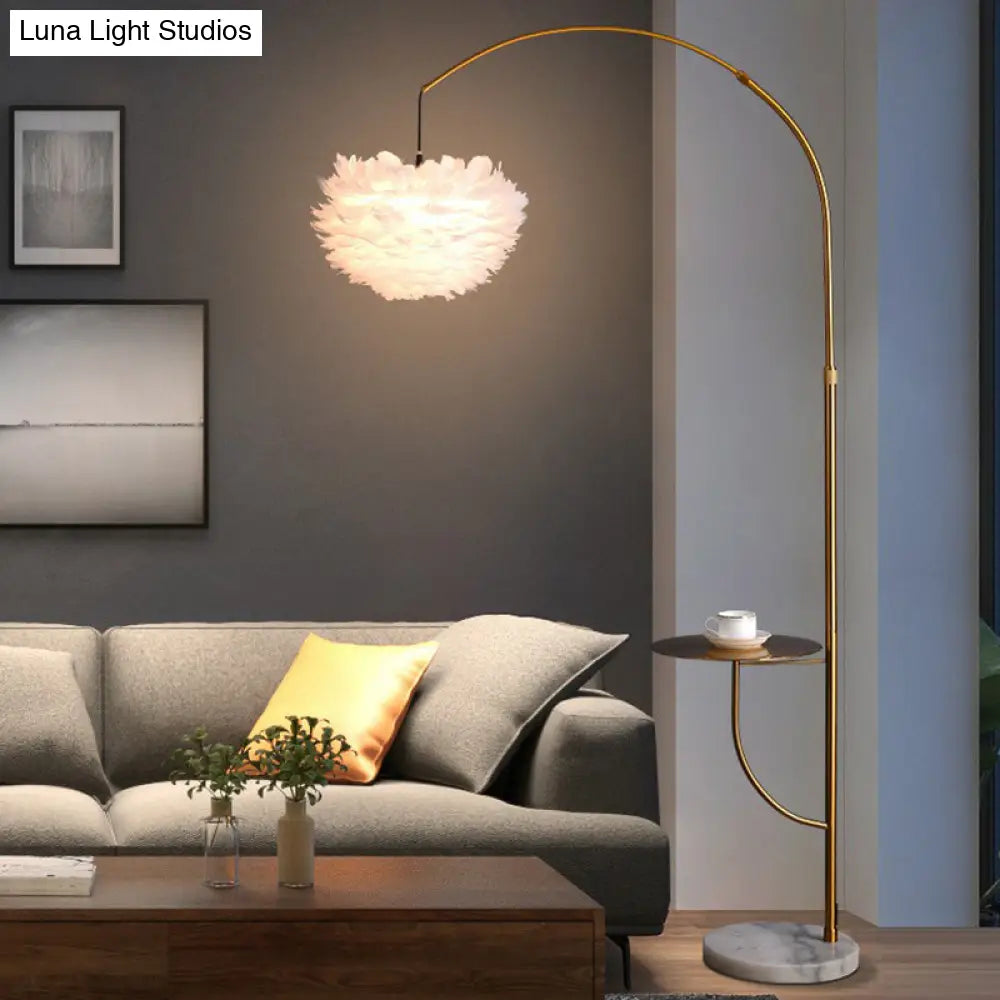 Antique Gold Arc Standing Lamp: Postmodern Metal Tray Floor Light With Feather Shade
