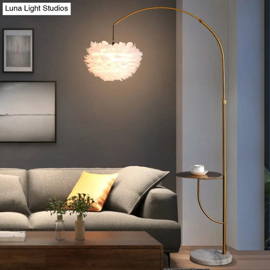 Antique Gold Arc Standing Lamp: Postmodern Metal Tray Floor Light With Feather Shade