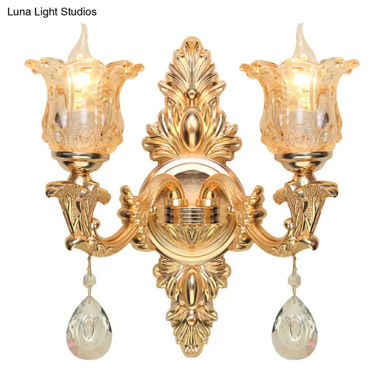 Antique Gold Bellflower Amber Glass Wall Lamp Kit With 2 Lights For Living Room Sconce