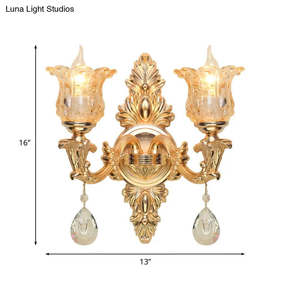 Antique Gold Bellflower Amber Glass Wall Lamp Kit With 2 Lights For Living Room Sconce