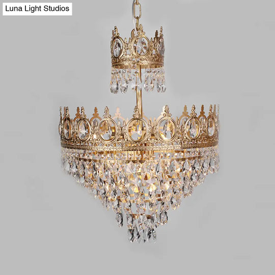Antique Gold Crown Ceiling Pendant With Crystal Drops For Single Bedroom