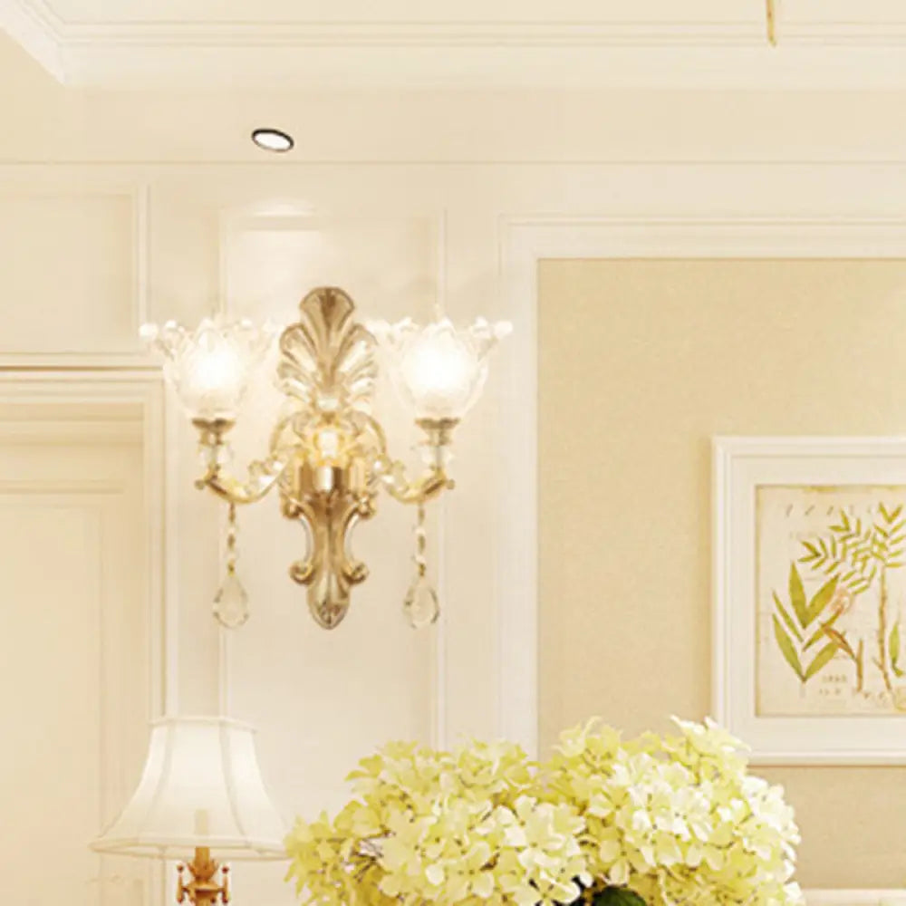 Antique Gold Glass Wall Light With Flower Texture And Crystal Accent For Living Room 2 / A