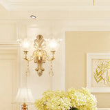 Antique Gold Glass Wall Light With Flower Texture And Crystal Accent For Living Room 2 / A