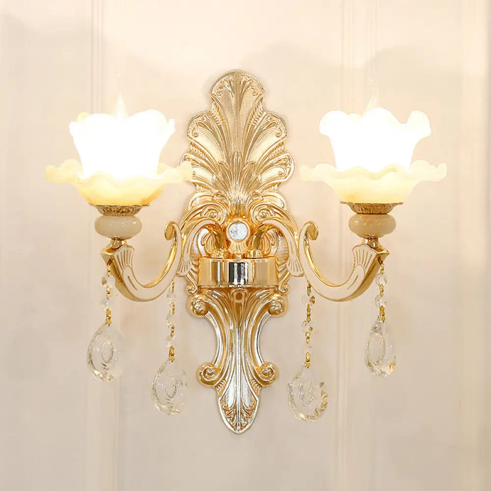 Antique Gold Glass Wall Light With Flower Texture And Crystal Accent For Living Room 2 / C