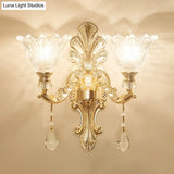 Antique Gold Glass Wall Light With Flower Texture And Crystal Accent For Living Room