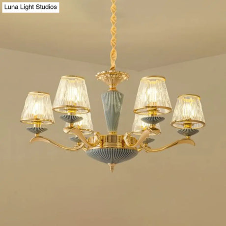 Antique Gold Ribbed Glass Chandelier - Elegant Bedroom Ceiling Pendant Lamp