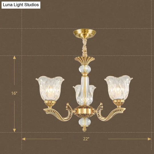 Antique Gold Scalloped Crystal Glass Chandelier With 3 Lights