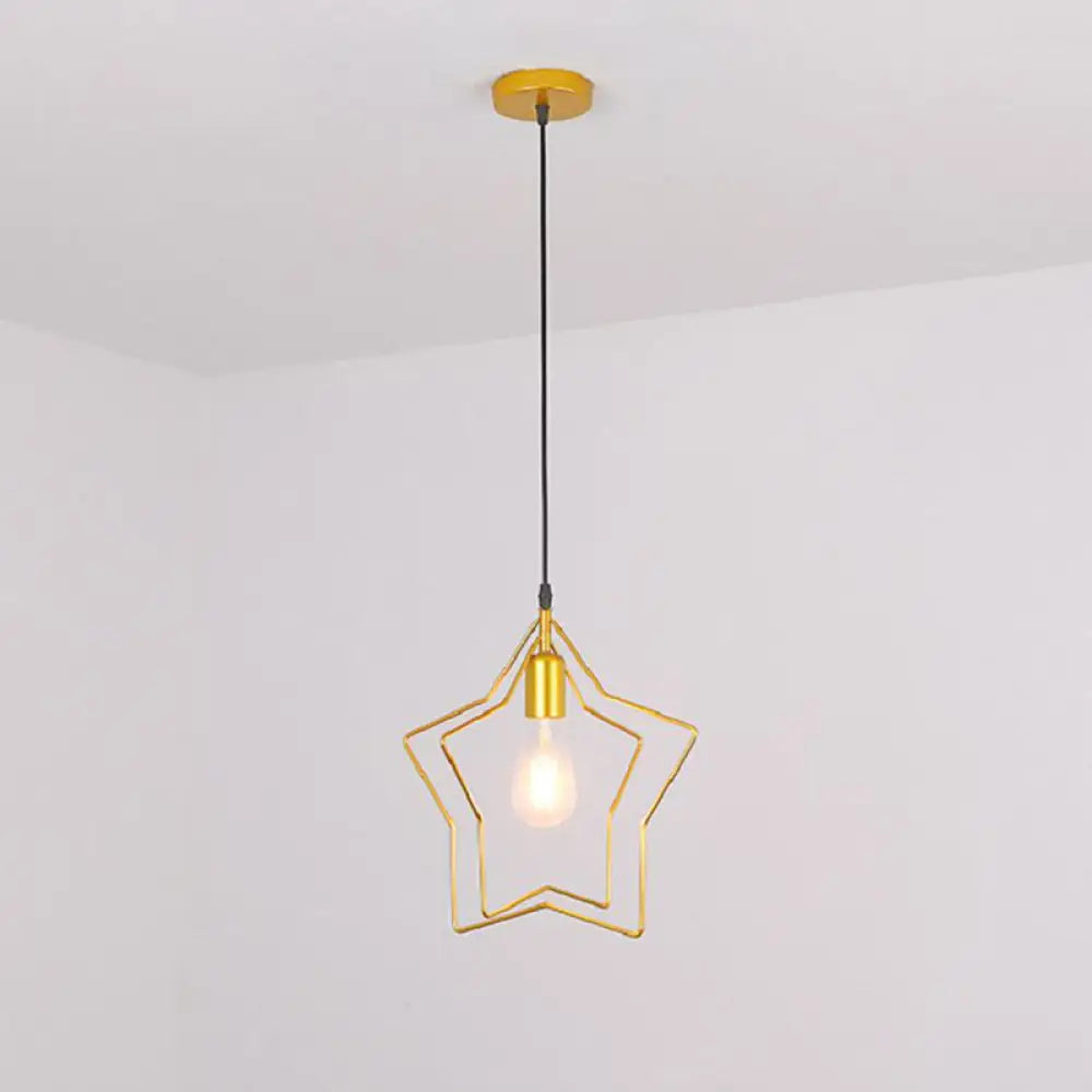 Antique Gold Star Cage Pendant Light For Dining Room - 1-Light Hanging Fixture / 2 Tiers
