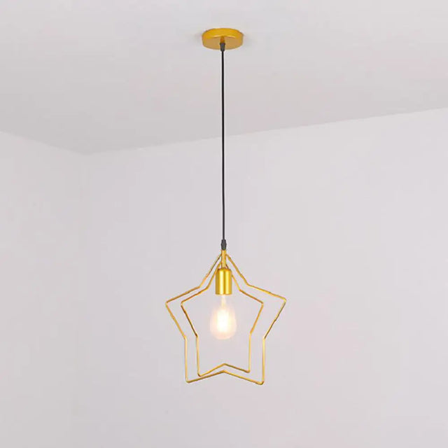 Antique Gold Star Cage Pendant Light For Dining Room - 1-Light Hanging Fixture / 2 Tiers