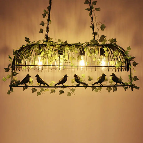 Antique Iron Birdcage Suspension Light With Green Artificial Ivy - Perfect For Restaurant Island
