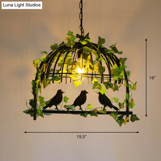 Iron Birdcage Suspension Light: Antique Restaurant Island Chandelier With Green Artificial Ivy
