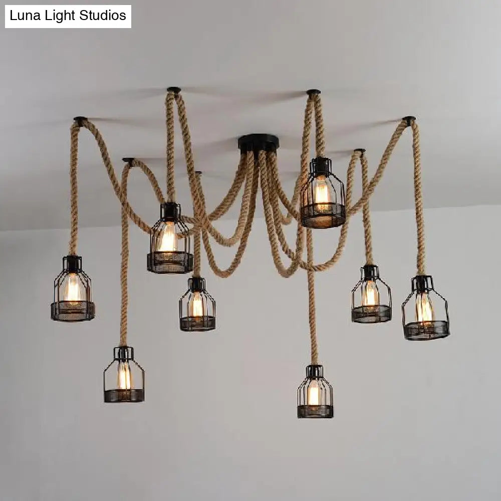 Antique Iron & Hemp Rope Swag Ceiling Fixture: Black Wire Cage Shade 8 Bulbs - Restaurant Hanging