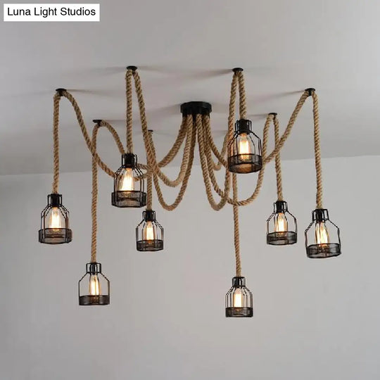 Antique Iron & Hemp Rope Swag Ceiling Fixture: Black Wire Cage Shade 8 Bulbs - Restaurant Hanging