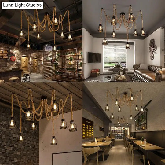 Antique Iron & Hemp Rope Swag Ceiling Fixture: Black Wire Cage Shade 8 Bulbs - Restaurant Hanging