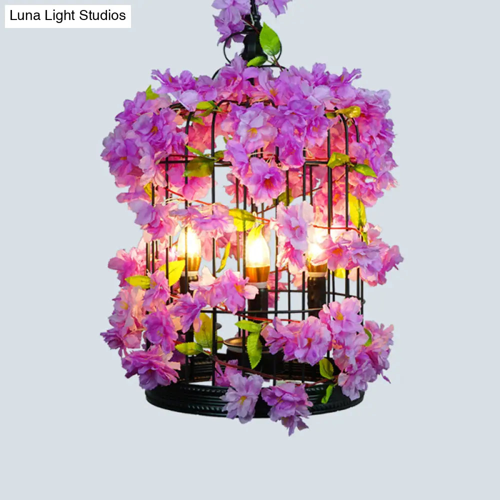 Antique Iron Pendant Light With Decorative Plant And Cage Fixture Purple