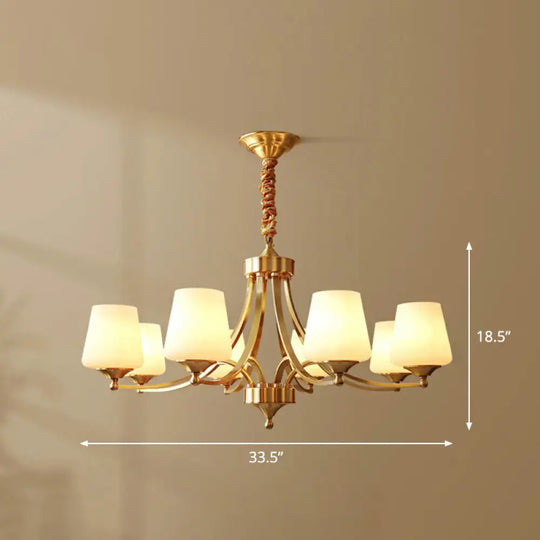 Antique Ivory Glass Conic Chandelier Pendant Light For Sitting Room 8 / Brass