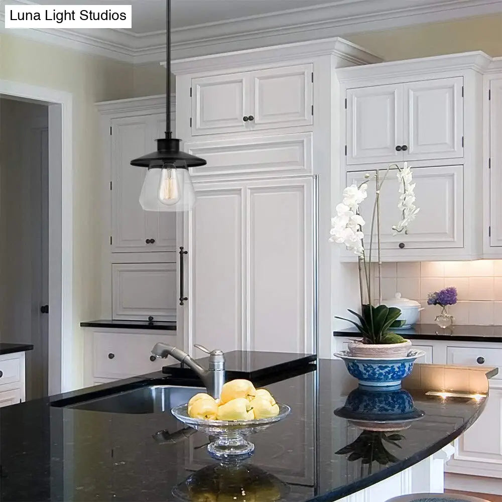 Antique Metal Hanging Pendant Lamp With Clear Glass Shade - Black Jar Design Ideal For Dining Room