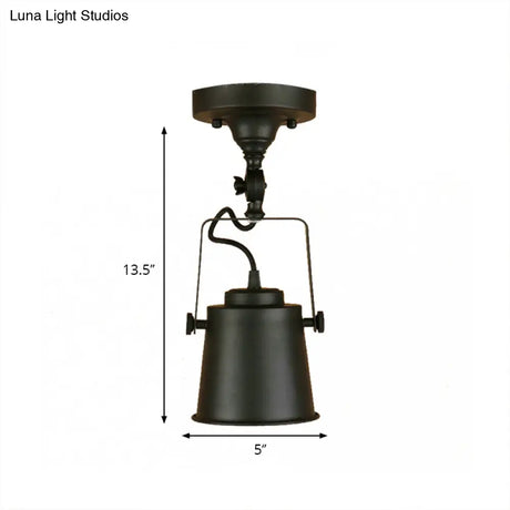 Antique Metal Bucket Shade Ceiling Lamp - Rotatable Semi Flush Pendant Light For Living Rooms 1