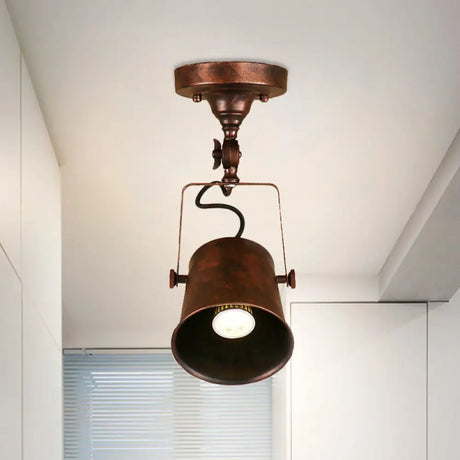 Antique Metal Bucket Shade Ceiling Lamp - Rotatable Semi Flush Pendant Light For Living Rooms 1