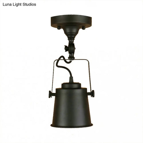 Antique Metal Bucket Shade Ceiling Lamp - Rotatable Semi Flush Pendant Light For Living Rooms 1