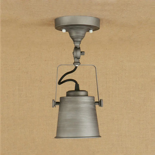 Antique Metal Bucket Shade Ceiling Lamp - Rotatable Semi Flush Pendant Light For Living Rooms 1