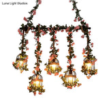 Antique Metal Island Chandelier With 5 Pink Heads - Restaurant Ceiling Light Cherry Blossom/Rose
