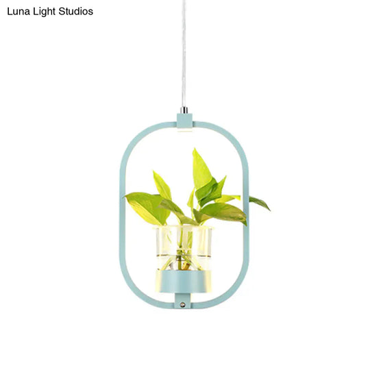 Antique Oval Metal Pendant With Led And Plant Cup For Restaurants - Black/Grey/White Blue