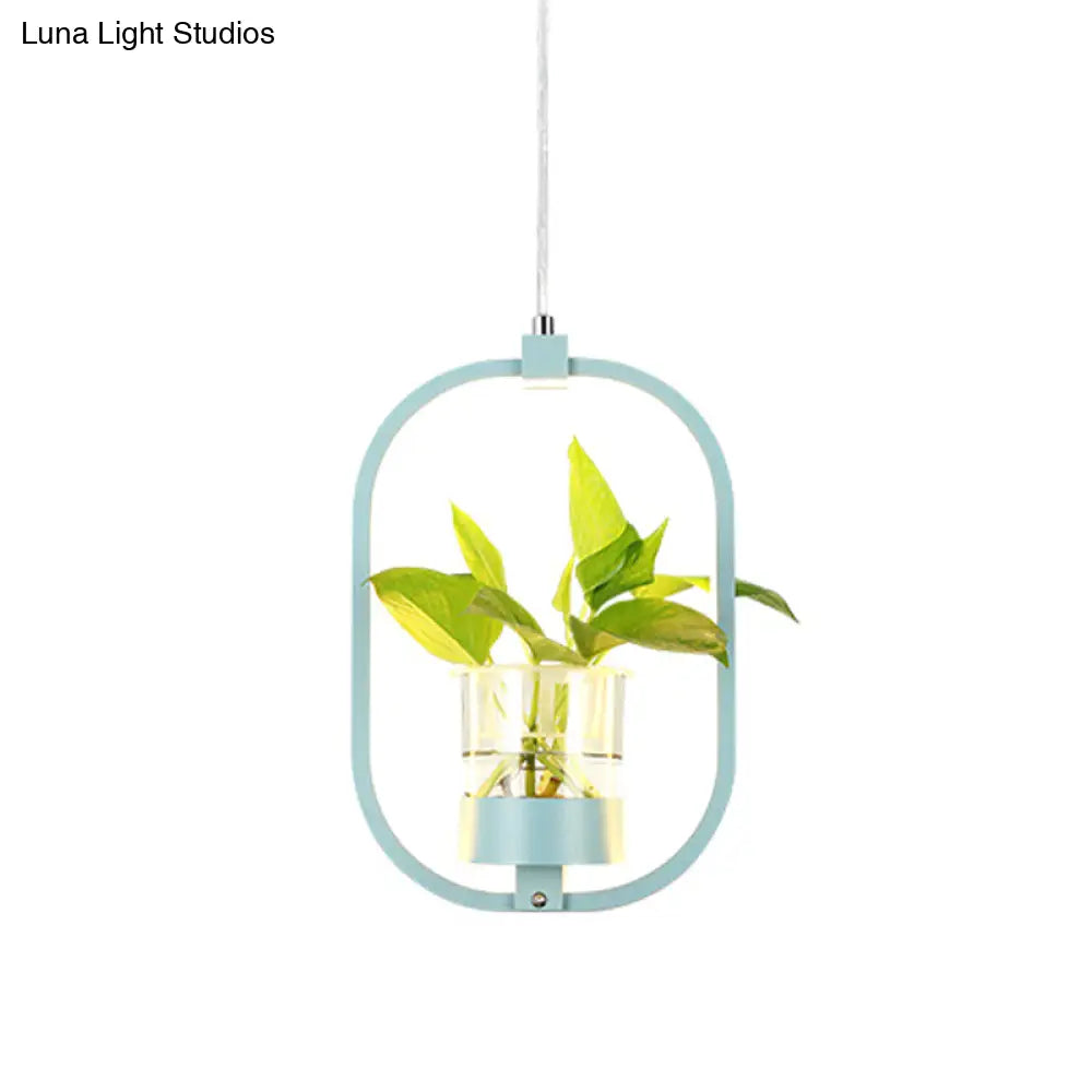 Antique Metal Pendant Light With Plant Cup And Led For Restaurants - Oval Shape In Black/Grey/White