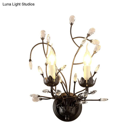 Antique Metal Wall Sconce With Crystal Accents - Elegant Black Flower Design 2 Lights Perfect For